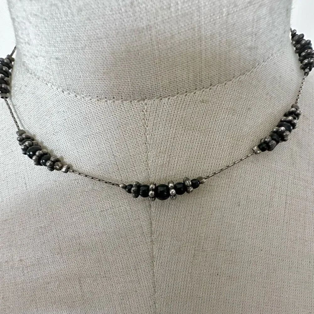 Silver tone black beaded necklace
